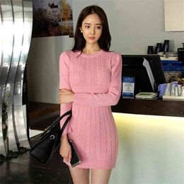 winter sweater Dress Korea ladies knitted Pink Long Sleeve crew neck warm party Mini Dresses for women clothing 210602