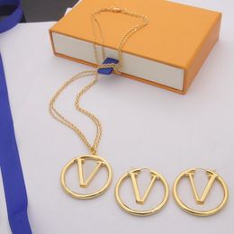 Europe America Fashion Style Jewellery Sets Lady Women Gold/Rose/Silver-colour Hardware Engraved Hollow Out V Initials Charm Double Chain Necklace Hoop Earrings