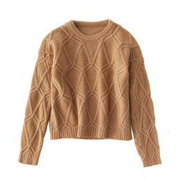 Women Short Sweater Knitted Pullovers Long Sleeve Autumn Winter Crew Neck Solid Cable Warm Chic M0292 210514