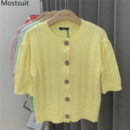 Summer Twisted Knitted Cardigan Women Short Sleeve O-neck Sweater Solid Fashion Korean Jumpers Tops Femme 210513