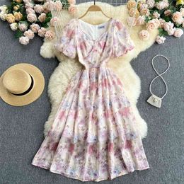 Floral Print Chiffon Dress Women's Summer Fashion Korean Gilrs V-neck Puff Short-sleeve A-line Casual Beach Party 210603