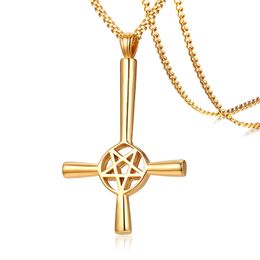 Black Silver Gold Inverted Five-pointed Star Cross Necklace Stainless Steel Fashion Lucifer Satan Symbol Pendant 24 inch