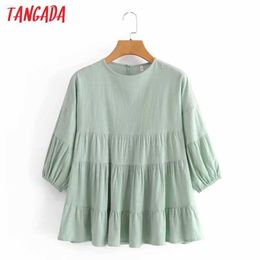 Tangada Women Retro Loose Pleated Shirt O Neck Three Quater Sleeve Chic Female Shirt Tops 5D49 210609