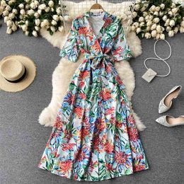 Women Fashion V Neck Short Sleeve Ins Holiday Print High Waist Thin Dress Clothes Vestidos De Mujer S678 210527