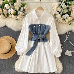 Denim Patchwork Shirt Dress Korean Style Women Spring Lapel Collar Long Sleeve Single Breasted Casual Short 210603