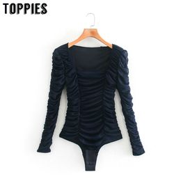 Toppies Women Black Romper Blouse Mesh Slong Sleeve Slim Jumper Blouses Tops 210412