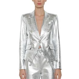 HIGH STREET est Baroque Fashion Designer Jacket Women's Lion Metal Buttons Faux Silver Leather Blazer Outer Coat 210521