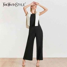 Hit Colour Casual Jumpsuit For Women O Neck Sleeveless Lace Up Bowknot Wide Leg Pants Female Jumpsuits 210521