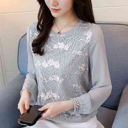 Women' s clothing Blouses shirt Lace Women Tops O-neck Long Sleeve Embroidery Floral Blusa Ladies Shirts 180E3 210420