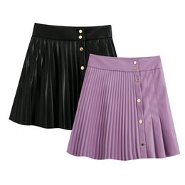 Fashion artificial leather women's Mini Skirt Striped button A-line short skirt High Street Elegant Black Leather autumn 210508