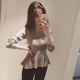 Ruffled Hem Knitted Sweater Round Neck Female Long Sleeve Pullover Girl Autumn Winter Women's Student Striped Sweaters 210427