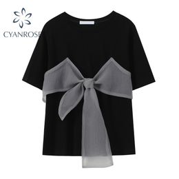 Summer Big Bow Patchwork Women's T-Shirt Korean Style Loose Fashion Tee Stylish Streetwear Ins Short Sleeve Casual Tops 210515