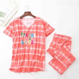 Summer Women Pajamas Cotton Cute Striped Letter Pajama Set Top + Capris Elastic Waist Plus Size 3XL Lounge pijamas S95609 210421