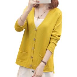 Women Solid V Neck Long Sleeve Cardigans Single Breasted Pockets Sweater Casual Outwear 210427