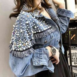 Summer Long-sleeved Bead Design Trend Ladies Denim Coat Short Paragraph Wild Retro Small Jacket QV139 210510