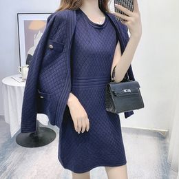 Autumn And Winter Women Knitted Cardigan Long sleeve Coat + Solid Vest Dresses Two Pices Sweater Set for Ladies Woman 210514