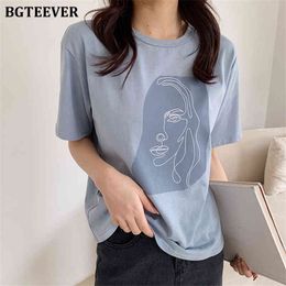 BGTEEVER Summer Abstract Human Face Printed Women T-shirt Fashion Short Sleeve Women Tops White Tees Round-neck Female Tops 2020 Y0508