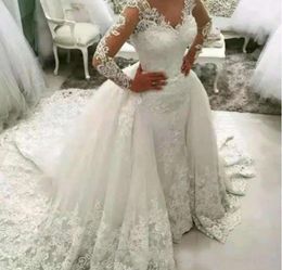 Rustic Country Lace A Line Wedding Dress With Detachable Train Appliques Long Sleeve Chapel Wedding Gowns Plus Size Bridal Dresses Sexy Open Back 2022