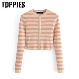 Toppies Women Pink Striped Cardigan Spring Knit Coat Women Knitted Sweater 210412