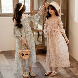 2021 Summer Girl Maxi Dress Flowers Children Chiffon Dresses Off-Shoulder Beach Kids Dress for Girls Baby Princess Dress, #8381 Q0716