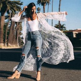 Boho Women Lace Cover-Ups Beach Wear Kimono Cardigan Wrap Ladies Floral Long Sleeve See-Through Dress Bikini Cover-Up Sarongs