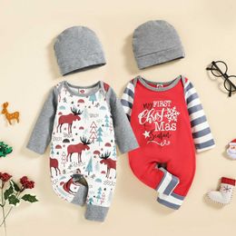 Infant Newborn Baby Girls Boys Christmas Clothes Sets Splicing Long Sleeves Snaps Jumpsuit Beanie Hat Outfit 0-18m G1023