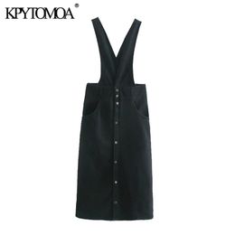 Women Fashion Button-up Denim Suspender Midi Dress Backless Side Pockets Straps Female Dresses Mujer 210420