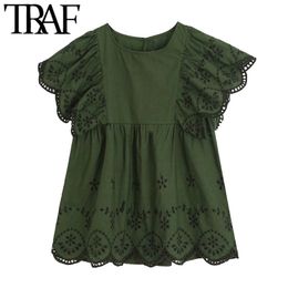 TRAF Women Sweet Fashion Cutwork Embroidery Pleated Blouses Vintage O Neck Short Ruffled Sleeve Female Shirts Chic Tops 210415