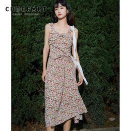 Vintage Summer Clove Floral Long Dress Women Kink Backless Spaghetti Strap A Line Midi Tunic Fashion 210427