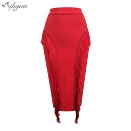 High Quality Women'S Waist Bodycon Skirt Office Ladies Tassel Elegant Fashion Pencil Bandage 210527