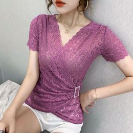Women's T-Shirt Lace Summer Tops T Shirt Women Plus Size 2021 Short Sleeve V-neck Tshirt Hollow Out Clothes Blusas Mujer Harajuku