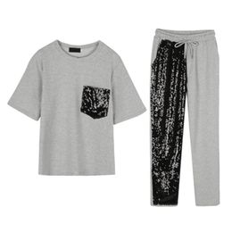 Black Gray Pink O Neck Short Sleeve T-shirt Top Sequined Pocket Ankle-length Pants Casual Two-piece Set Summer T0123 210514