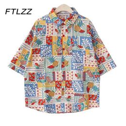 Women Button Up Streetwear Shirts Summer Short Sleeve Vintage Printed Loose Blouse Woman Plaid Tops 210525