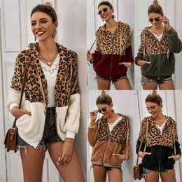 Leopard Patchwork Women Teddy Coat Autumn Hooded Fluffy Plush Winter Faux Fur Jacket Sweater Hoodie 211220