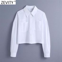 Women Fashion Double Pockets Patch Short Smock Blouse Female Puff Sleeve White Shirt Roupas Chic Chemise Tops LS7696 210416