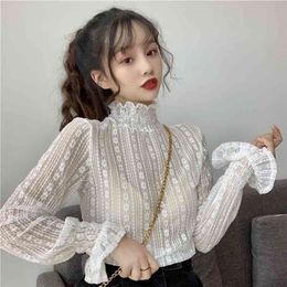 Spring Autumn Women's Shirt Korean White Mesh Lace Bottoming Half High Collar Long Sleeve Base Tops GX786 210507