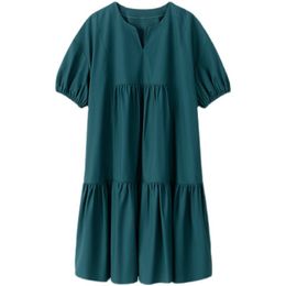 Women Elegant Temperament Ruffles Robe Dress Green Round Neck Short Sleeve Loose Fashion Summer 16F1295 210510