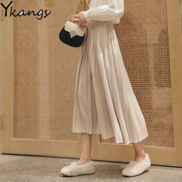 Winter High Waist Suede Warm Skirt Vintage Women Long Pleated Skirt Korean Style Solid Fashion Simple Saia Mujer Faldas 210619