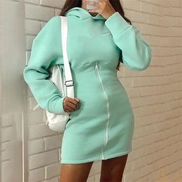 OMSJ Fashion Hooded Dress Solid Colour Autumn Winter Long Sleeve Front Zipper Womens Mini Vestidos Streetwear Casual Outfits 210517