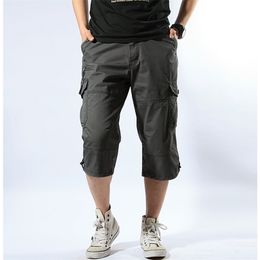 Male Shorts Multi Pocket Summer Loose Zipper Breeches Khaki Grey Plus Size Short Pant Casual Cotton Black Long Mens Cargo 220301