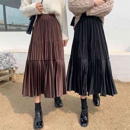 Female Vintage Long Velvet Pleated Skirt Women For Spring Summer Korean Fashion Ladies High Waist Black Green Maxi Skirt Femme 210412