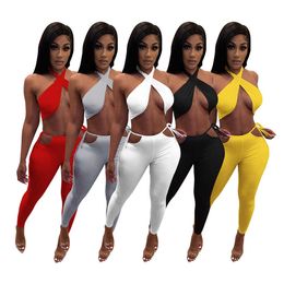 Women 2 Piece Pant Set Slim Sexy Crop Top Halter New Tracksuits Casual Fashion Outfits Designer Clothes 2021 S-XXL