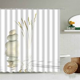 Zen Stone Pebbles Spring Weeds Reflection Water Bathroom Waterproof Shower Curtain With Hook Set Hanging Screen Cloth Washable 211116