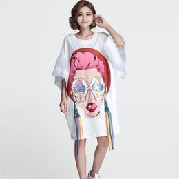 High Quality Summer Women Cartoon Sequin Dress Girl Print es Loose Casual Tassel flare sleeve T Shirt 210519