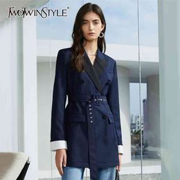 Spring Patchwork Casual Blazer For Women Notched Long Sleeve Double Breasted Sashes Blazers Female Fashion 210524