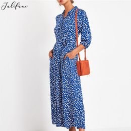 Vintage Chiffon Turn-town Collar Lady Dress Summer Fashion Dot Sashes Lantern Sleeve Empire Slim Long Dress Robe Brand Vestido 210415