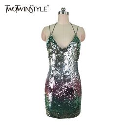 Sexy Sequined Patchwork Sleeveless Women Dress Off Shoulder Backless High Waist Slim Party Dresses Female Fashion 210520