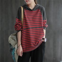 Spring Autumn Arts Style Women Long Sleeve Loose Hooded Pullovers Patchwork Stripe Casual Hoodies Big Size M694 210512