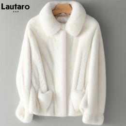 Lautaro Winter Short White Thick Warm Faux Mink Fur Coat Women Pockets Runway Luxury Fluffy Furry Jacket Korean Fashion 211124