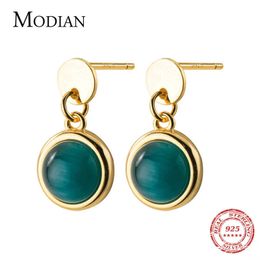 925 Sterling Silver Green Opal Dangle Earrings for Women Elegant Gold Colour Statement Jewellery Drop Ear Bijoux Brincos 210707